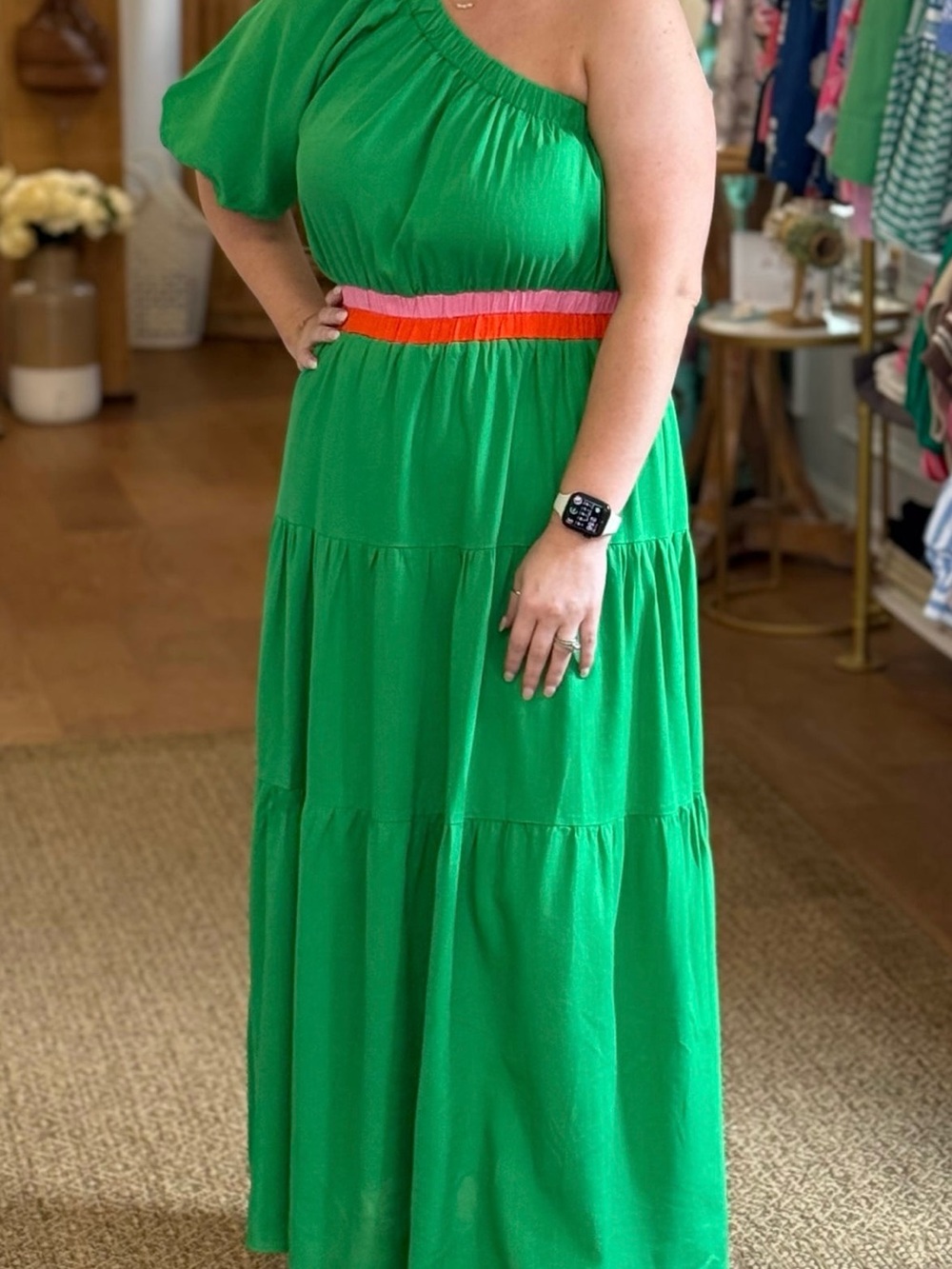 Anthropology THML One-Shoulder Green Maxi Dress with Color-Block Waist